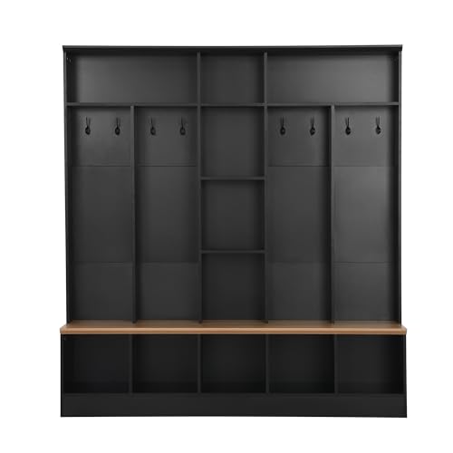 Image of 66.9 inch Wide Hall Tree with Storage Bench, Shoe Cabinet with Cube Storage & Shelves, Coat Rack with 8 Hooks for Entryways