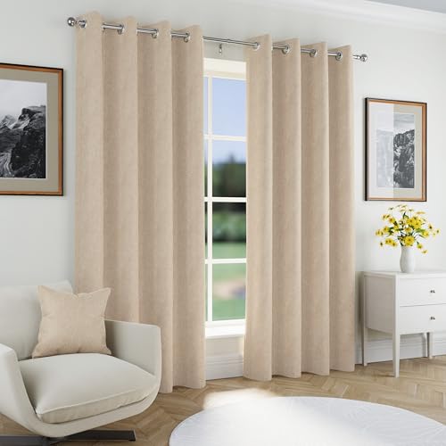 Enhanced Living Chester Premium Herringbone 2 Tone Natural Blackout Curtains - 66x90 inch (168x229cm) - Jacquard Heavyweight Eyelet Curtains for Living Room - 2 x Curtain Panels