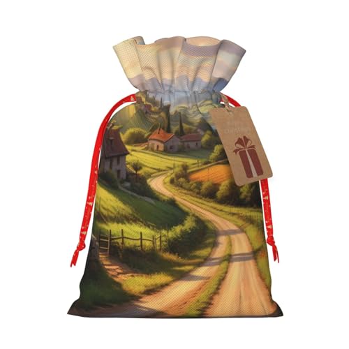 Christmas Drawstring Gift Bag with Countryside RoadPrint,Reusable Gift Bags with Kraft Paper Tags Medium Size