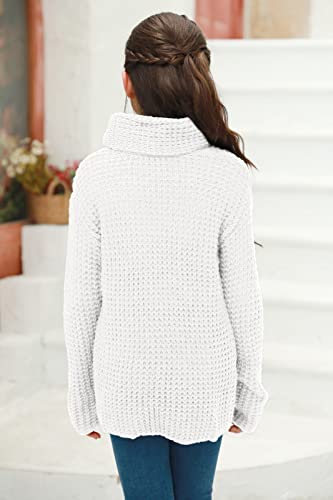 Haloumoning Girls Sweaters Button Turtle Cowl Neck Asymmetric Hem Wrap Pullover Sweaters For Girls White #TOP4