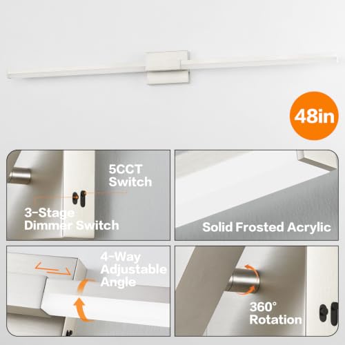 Image of SOLFART Bathroom Vanity Light 48-Inch: Brushed Nickel 5CCT Dimmable Bathroom Light Fixtures, Solid Frosted Acrylic, Built-in Dimmer, CRI88 Soft Light, ETL IP44