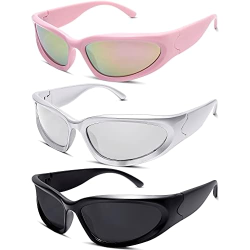 knliwkm 3 Pairs Oval Sporty Wrap Around Sunglasses Y2K Futuristic Glasses Shades for Women Men Trendy Fashion Silver