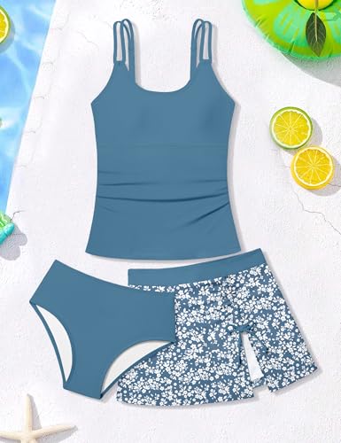 Image of Girls Swimsuit Tropical 3 Piece Tankini Adjustable Strap Bathing Suit Solid Modest Swimwear with Drastring Skirt 9-16y