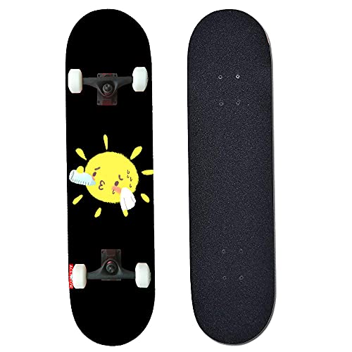 ACEMOOW Skateboard,Planche à roulettes complète en érable Canadien 80 x 20 cm,avec roulement ABEC-7,Skateboard débutant adapté aux Enfants,Adolescents et Adultes-Soleil Cover
