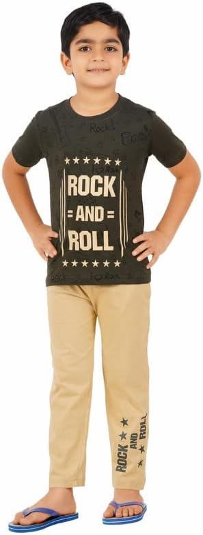 KIDS STYLE Decent Fashionable Casual Printed Cotton T-Shirt (Brown) and Full Pant (Cream) Comfortable All Time Wear Set for Kids