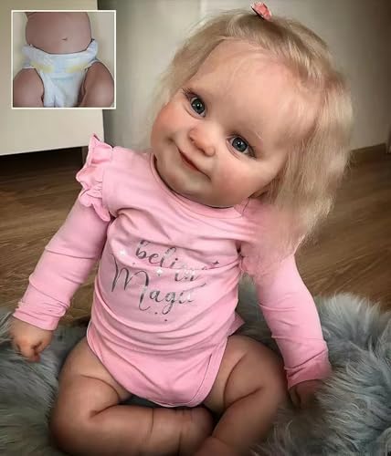 MineeQu Muñecas Reborn Bebe Realista 20 Pulgadas, Niña Sonriente Neonato, Cuerpo Completo Vinilo, Cabello Rubio Enraizado, Ropa Rosa