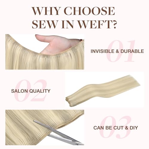 Image of GOO GOO Sew in Hair Extensions Real Human Hair, Weft Hair Extensions Human Hair, 17A /60A Ash Blonde Highlighted Platinum Blonde 22inch 110g, Weft Bundles Straight Silky Remy Hair