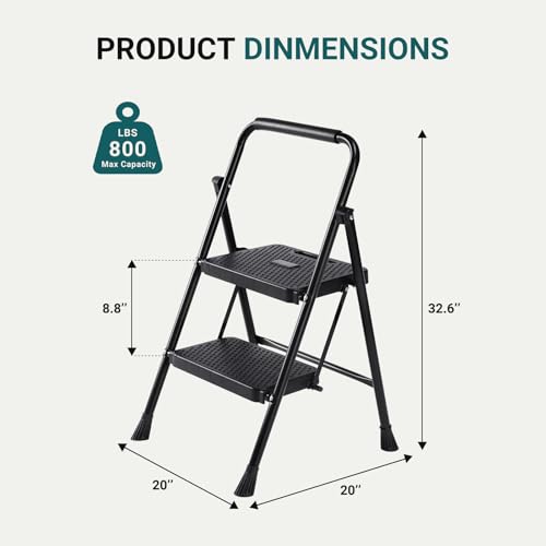 DUMOS Step Ladder, 2 Sturdy Step Stool with Anti-Slip Pedal & Comfortable Handrail, Portable Heavy Duty Stool for Kitchen, Garage & Outdoor Use, 800lbs, Black by DUMOS - Used condition - Image 2