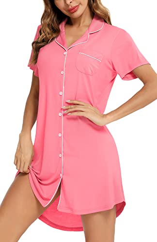 Image of Samring Pajama Nightgown for Women Short Sleeve Button Down Boyfriend Night Gown Nightdress Sleep Shirts