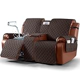 Ruaozz Waterproof Loveseat Recliner Cover with Console Non-Slip Reclining Couch Covers Split Sofa Slipcovers with Elastic Straps for Kids, Dogs, Pets (Chocolate, 2 Seater)
