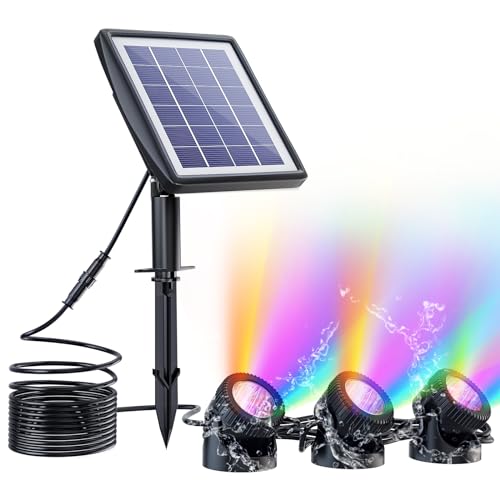 PChero Lampes solaires submersibles, 3 en 1 RVB changeant de couleur pour étang sous-marin, extérieur, projecteurs de paysage LED étanches pour aquarium,...