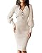Cicy Bell Damen Strickkleid V-Ausschnitt Kleid Knielang Pulloverkleid mit Knopf Sexy Langarm Kleider Lang Winter Midikleid Apricot,M