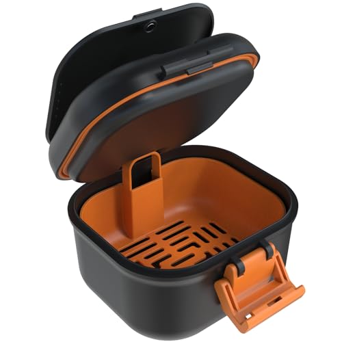 ARGOMAX Leak Proof Denture Bath Cup, Portable Soaking Denture Box, Denture Bath Case with Strainer, for Dentures and Braces, Upgraded Version with Storage Compartment (Black + Orange). Bilay