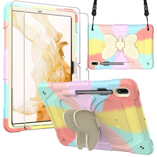 Samokor Kid Case for Samsung Galaxy Tab S9 FE 10.9 inch/S9 11 inch,with Tempered Glass Screen Protector & Butterfly Kickstand,Shockproof Full Body Protective Samsung Galaxy Tab S9 FE/S9,Colourful Pink