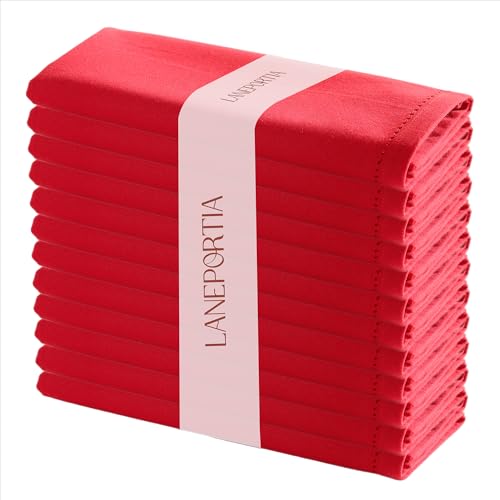 LANEPORTIA Cloth Napkins Set of 12, 100% Cotton Hemstitch Dinner Napkins - 18x18 Inch, Soft Absorbent Reusable Washable Napkin - Decorations, Restaurant, Wedding & Table Décor, Everyday Use - Red