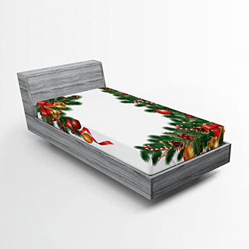 Ambesonne Christmas 2 Pack Fitted Sheet, Trees with Ornaments, Bed Cover All-Round Elastic Deep Pockets 2 Pieces, Package Contains 2 Twin Size Fitted Sheets, Forest Green