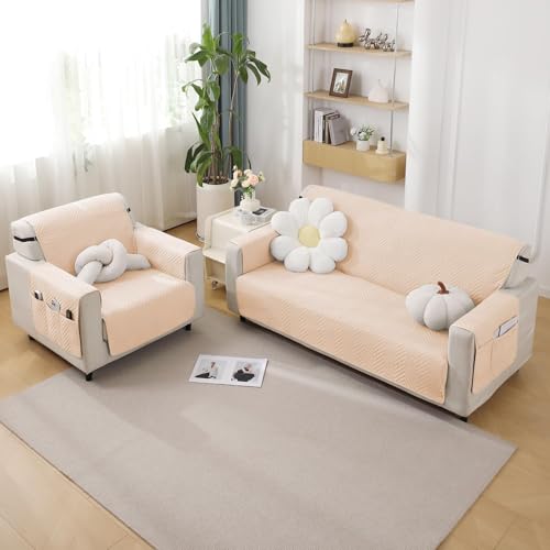 Image of HOKIPO Polyester Quilted 2 Seater Sofa Cover Mat with Pockets, Beige (NEW-802-BGE)
