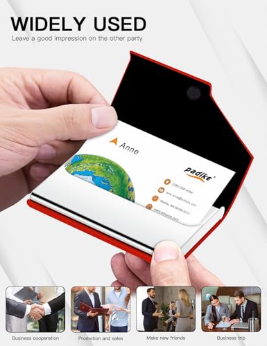 Image of Padike Business Card Holder, PU Leather & Stainless Steel Multi Card Case for Men & Women, Name Card Holder, Credit Card Wallet, ID Case /Holder with Magnetic Closure (Red)