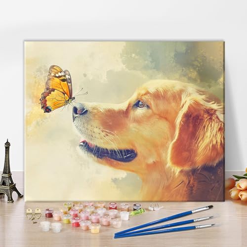 TISHIRON Malen nach Zahlen Erwachsene - Golden Retriever & Schmetterling auf der Nase, Malen für Erwachsene, 16x20 Zoll