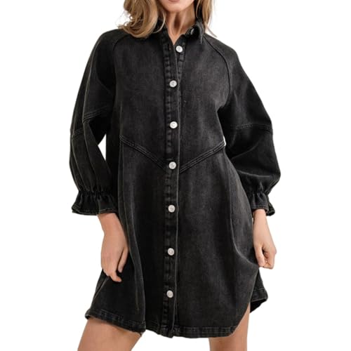 ALSOGO Women Denim Shirt Dress 3/4 Long Sleeves Casual Button Down Babydoll Flowy Jean Dresses