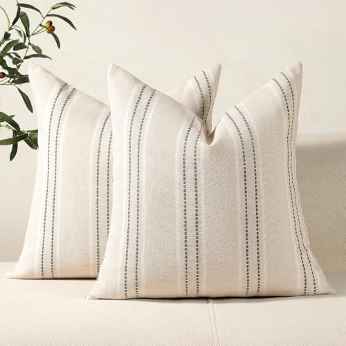 Image of Hckot Stripe Throw Pillow Covers 26x26 Large Square Grey Pillow Covers | Farmhouse Decorative Pillows Textured Linen Euro Sham Cushion Covers for Sofa Couch Bed Living Room Decor
