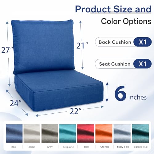 Image of Luxury 6 inch Thick Outdoor Cushion Set 5-22x24 Patio Furniture Cushions with 28D High-Density Foam, Water-Resistant & Fade-Resistant Fabric, Removable Covers for Patio Furniture Sofa Couch -Blue