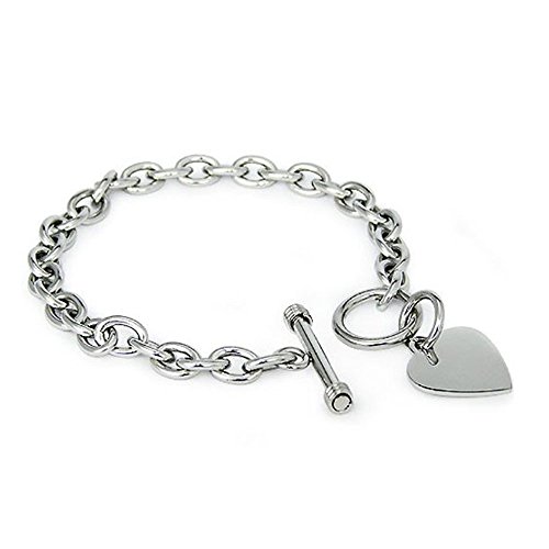 Crazy2Shop Stainless Steel Trendy Cable Chain Bracelet with Heart Charm and Toggle Clasp Closure, High Polished Finished, 7.5