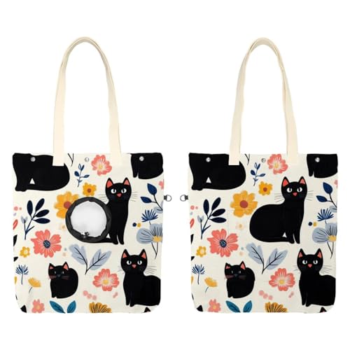 CHENZZZZ Cute Black Cats and Flowers (69) Pet Canvas Shoulder Carrying Bag, Cat Carrier, Portable Kitten & Puppy Tote, Comfort Carriers for Small Pets