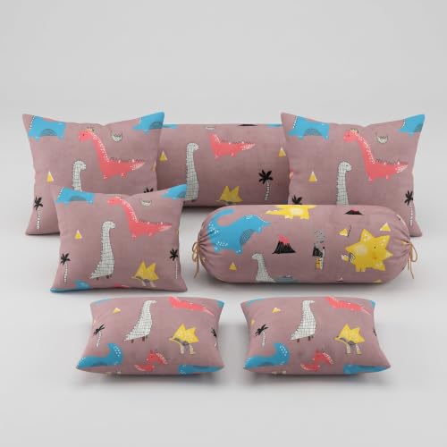 Image of Filymore Kids Brown Dinosaur Elastic Fitted Diwan Set with 1 Fitted Diwan Sheet, 5 Cushion Covers & 2 Bolster Covers | Soft Microfiber Animal Print Diwan Cover Set for Kids Room & Living Room