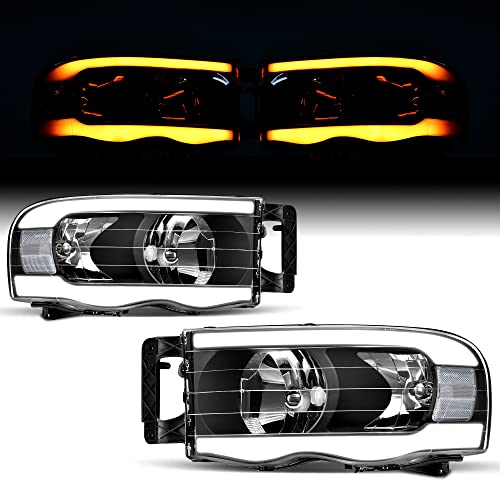 Image of OEDRO Switchback Turn Signal & LED DRL Headlights Headlamps Compatible with 2002 2003 2004 2005 Dodge Ram 1500 /03 04 05 Dodge Ram 2500 3500 Pickup Black Housing Clear Reflector Clear Lens