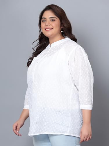 Image of Indietoga Women's Plus Size Pure Cotton Chikankari Embroidered Longline Tunic Tops with Lining (2XL to 7XL)