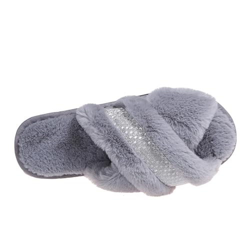 Open Toe Fuzzy Faux Fur Slippers for Women House Bedroom Cozy Furry Cross Bands Slide House Shoes Anti-Skid Sole Sandals(38/39 EU, Gray)