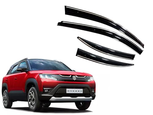 Image of CAR SAAZ Unbreakable Chrome Line Door Visor for Brezza Type 3 (2022-Present) (Set of 4Pcs) | Rain Guard | Wind Deflector