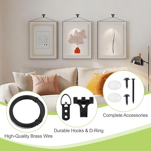 Image of Picture Hanging Kit - 1 Roll 10M Picture Wire & 6 Hanging Hooks & 12 D-Rings with Nails Heavy Duty Picture Hangers for Wall Art, Exhibitions & Galleries(Black)