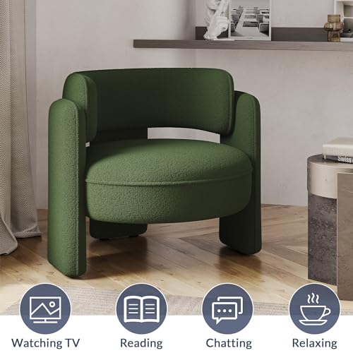 Image of BELLEZE Sherpa Boucle Chair Set of 2, Modern Barrel Accent Chair Comfy Round Upholstered Armchair Accent Side Chair for Living Room, Bedrooms, Corner - Quinton (Green)