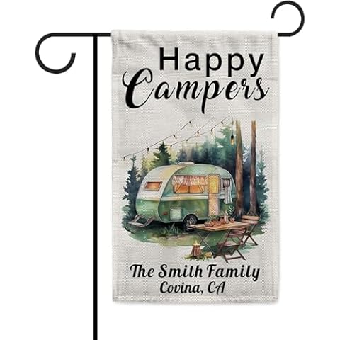 KafePross Camping Garden Flag Happy Camper Trailer RV Campsite Party Yard Outside Decoration Camp Theme Flag for Camper 12.5x18 Inch Double Sided (30 Trailer Optional) Cover