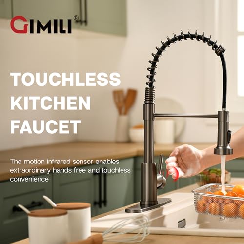 Image of GIMILI Black Stainless Touchless Kitchen Faucet with AC Adapter, Smart Motion Sensor Hands Free Single Handle Kitchen Sink Faucet with Pull Down Sprayer