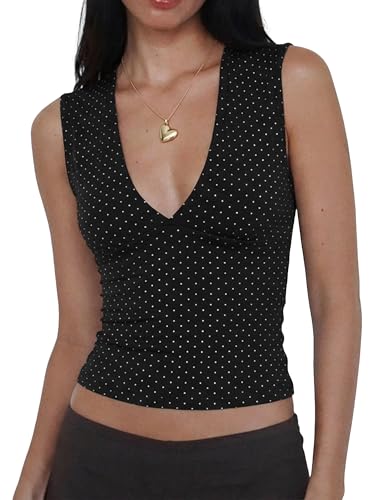Women Deep V Neck Tops Sexy Polka Dots Sleeveless Crop Top Stretchy Going Out Tank Top Summer Clothes