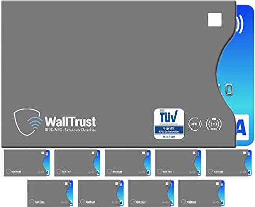 WallTrust RFID Schutzhülle – Ausleseschutz für Kreditkarten aus Papier, TÜV geprüft, Seite offen, grau, 10x