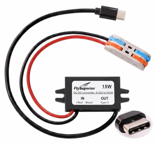FlySuperior 12V/24V to 5V USB-C Step Down Converter, 3A 15W Waterproof Buck Module, DC-DC Power Adapter for Raspberry Pi 4, Car, Mobile Phone, with Right-Angle Type-C Connector by FlySuperior - Used condition - US$6.83