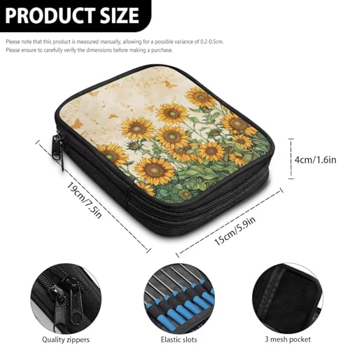 Image of Sunflower Crochet Hook Case Portable Knitting Needle Storage with Web Pockets Crochet Storage Organizer for Swing Hooks, Lighted Hooks, Needles and Accessories