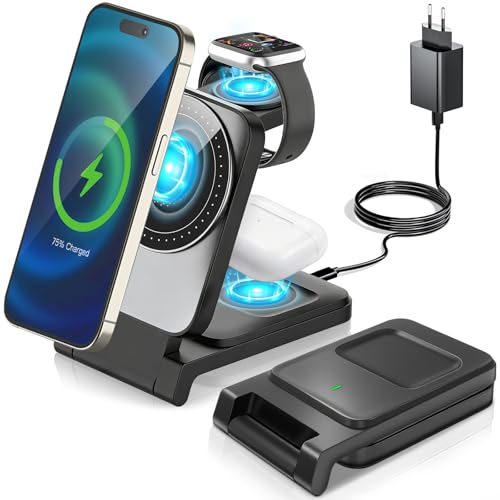 KDISHKRA 3 in 1 Caricatore Wireless Apple, 15W Stazione di Ricarica Rapida, Wireless Charger Rapida per iPhone 17/16/15/14/13/Pro/Max/Plus, Apple Watch Ultra 3/11/10/9/8/7/6/SE 3, Cuffie Apple