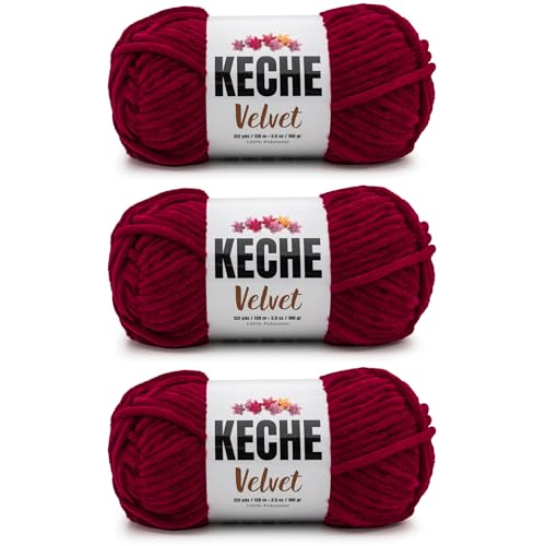 Image of Keche Velvet Yarn for Crocheting, Soft Chenille Bulky Baby Blanket Amigurumi Yarn 3x100 gr (3x132 yds) (3- Skeins) - Red