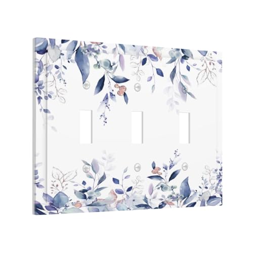Decorative Switch Plate Covers Rustic Ink Blue Eucalyptus Leaves Sage leaf 3 Gang Light Switch Cover Plate Triple Toggle Wall Plate Light Switch Covers for Bedroom Home Decor