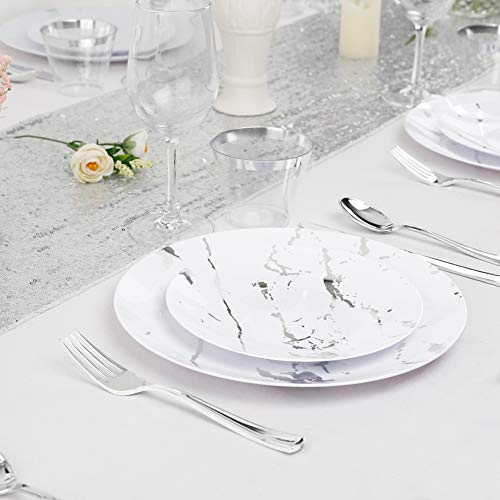 Bucla 210Pcs White And Silver Plastic Plates And Silverware/Silver Cups- Marble Design Disposable Plastic Dinnerware Include 30 Dessert Plates, 30 Dinner Plates, 30 Cups And 30 Silver Plastic Utensils #TOP3