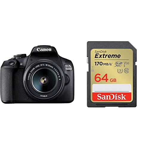 Canon EOS 1500D 24.1 Digital SLR Camera (Black) with EF S18-55 is II Lens & SanDisk Extreme SD UHS I 64GB Card for 4K Video for DSLR and Mirrorless Cameras 170MB/s Read & 80MB/s Write Canon EOS 1500D 24.1 Digital SLR Camera (Black) with EF S18-55 is II Lens & SanDisk Extreme SD UHS I 64GB Card for 4K Video for DSLR and Mirrorless Cameras 170MB/s Read & 80MB/s Write