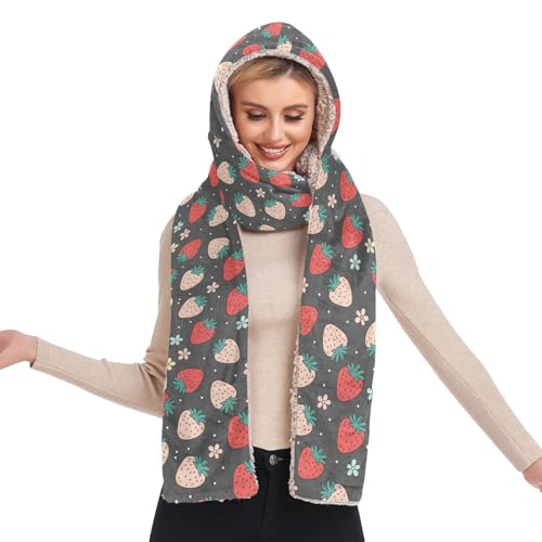 Bonnet d'hiver rose motif fraise 3 en 1 pour femme avec écharpe et poche
