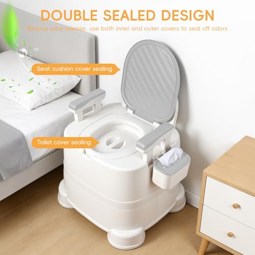 Silla de inodoro portátil 3 en 1 con capacidad de 220 lbs, reposabrazos removibles, cubiertas dobles selladoras de olores y pies antideslizantes, con balde y portarrollos para personas mayores, discapacitadas y embarazadas miniatura 5