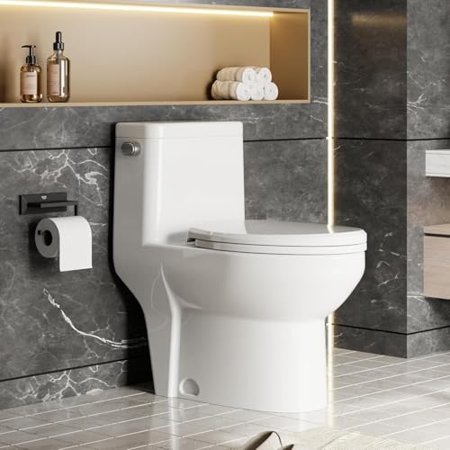 Senfot Inodoro de una pieza alargado, ADA de 16 pulgadas de altura con asiento de cierre suave, asiento de inodoro con cubierta en V, botón lateral de 4.8 L y altura cómoda del asiento para baño