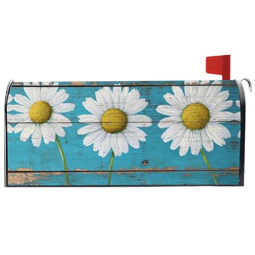 PRESSINART Blue Mailbox Covers Waterproof Mailbox Cover Daisy Flowers Wood Board Pattern 21 x 18 Inch Rustic Vintage Polyester Letter Box Decoration for Garden Yard Home Buckle Design Non Magnetic